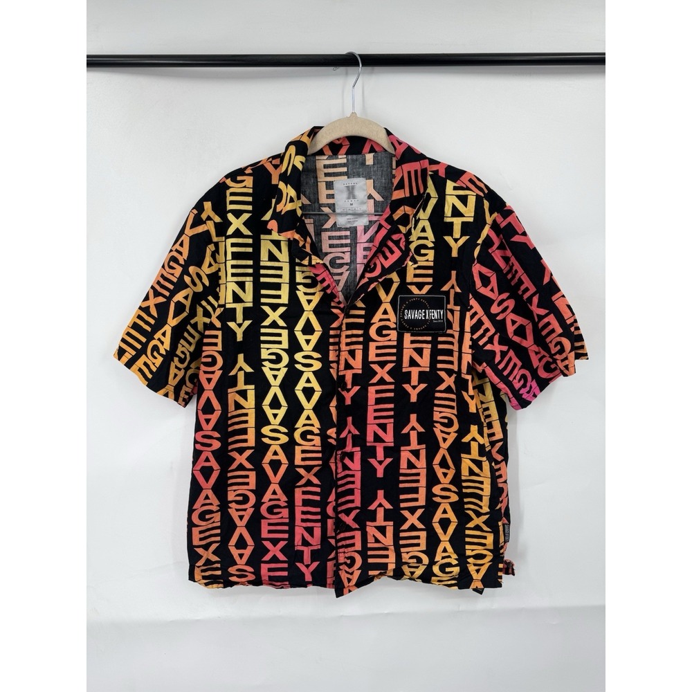 Savage‎ X Fenty Logo Novelty Button Front Retro Shirt Men M Black Blokecore